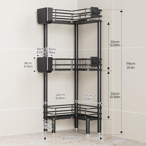 Orimade Rustproof 3 Tier Floor Standing Corner Shower Caddy Organizer with Toothbrush Holder, Large Spacing Floor Shower Shelf Rack Storage Stands with Hooks for Bathroom Kitchen, Black - Image 2
