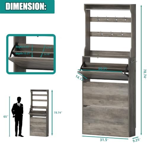 Shoe Cabinet for Entryway with 3 Flip Drawers, Grey Tall Wood Shoe Storage Cabinet with Coat Rack, Narrow Hidden Slim Freestanding Shoe Rack Organizer, 2 in 1 Hall Tree for Living Room, Hallway - Image 2
