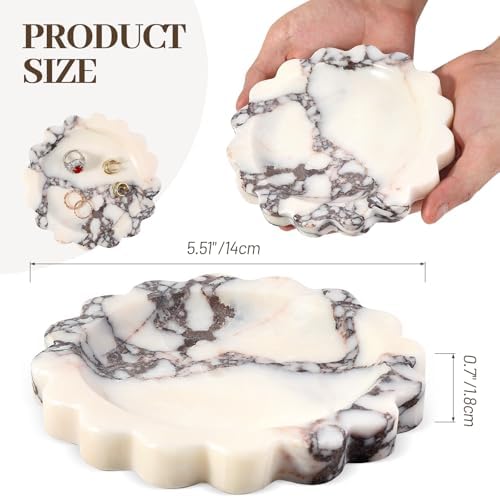 Koville 5.51" Scalloped Calacatta Viola Marble Tray, Round Stone Jewelry Trinket Dish for Ring, Natural Small Marble Tray for Bathroom Kitchen Dresser Countertop, Decorative Candle Tray - Image 2