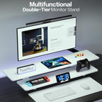 TRIN&AUSAN Dual Monitor Stand Riser, Wooden 2-Tier Computer Monitor Stand with Storage, Adjustable Ergonomic Desktop Monitor Riser with Cable Management & Phone Holder for Home Office Desk (White) - Image 3
