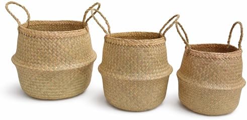 Seagrass Plant Basket Set of 3 with Handles – Handwoven Woven Basket Planter, Indoor Plant Basket & Plant Holder Basket, Natural Fiber Wicker Plant Pot Basket for Boho Farmhouse Home Decor by SENVIET