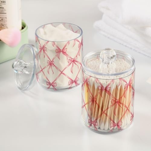 4 Pack Holder Dispenser with Lid Pink Bow Plaid Pattern Clear Vanity Canisters Jars Cotton Balls Pads Swabs Holder for Bathroom Office Dresser Organization - Image 5