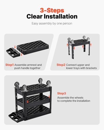 VEVOR Utility Cart, 3-Tier Plastic Service Cart with 550LBS Capacity, 360° Swivel Casters (Including 2 Locking Wheels), Medium Lipped Shelves, Ergonomic Handle, for Garage, Warehouse, Cleaning Tasks - Image 6