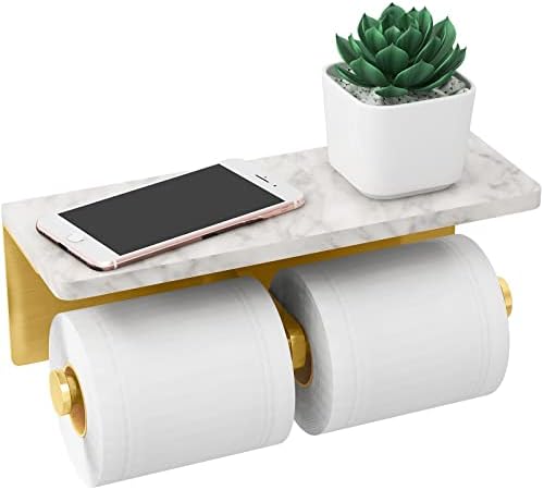 Gypie Brushed Gold Toilet Paper Holder with Marble Shelf, Double Rolls by GypieHouseware
