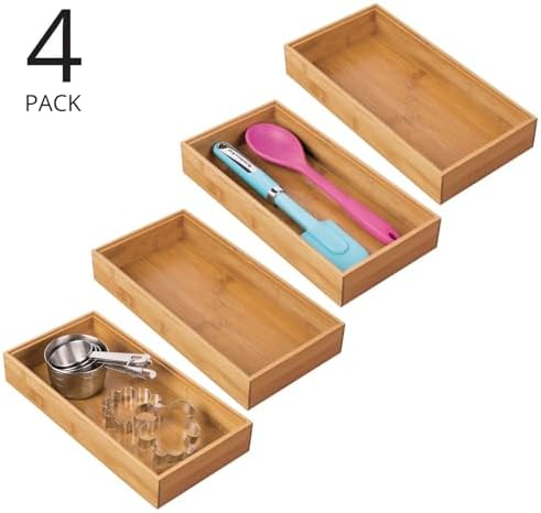 mDesign Wooden Bamboo Drawer Organizer - 12" Long Stackable Storage Box Tray for Kitchen Drawers/Cabinet - Utensil, Silverware, Spatula, and Flatware Holder - Echo Collection - 4 Pack, Natural Wood - Image 2