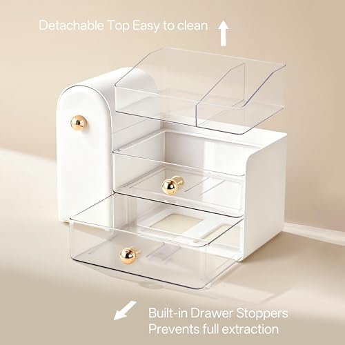 HBlife Makeup Organizer Countertop with Drawers, Vanity Organizers with Brush Holder, Bathroom Counter Organizer for Perfume, Nail Polishes, Lipsticks, Skincare and Eyeshadow Palettes, White and Clear - Image 5
