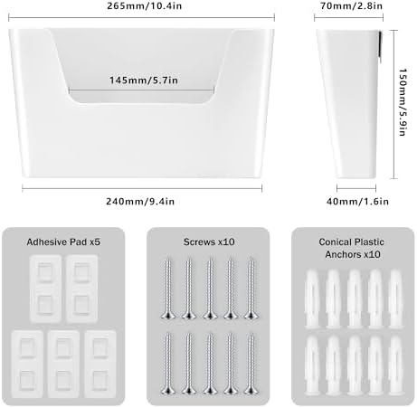 JOMOLA No Drilling File Holder 5 Pack Mail Organizer Wall Mount File Organizer Holder Office Wall Hanging Files Magazines Organizer Plastic Door Mount Wall Pocket with Adhesive Pad, White Color - Image 2