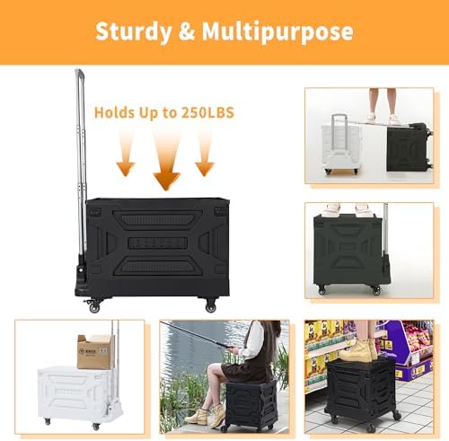 VECELO Foldable Shopping Cart with Wheels, Collapsible Rolling Crate for Groceries, Folding Storage Box with Handle, Three Modes of Use, Ideal for Teacher, Trip, Outdoors, Etc., 23GAL, Black - Image 5