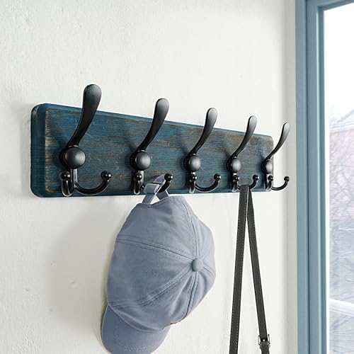 Dseap Coat Rack Wall Mount - Heavy-Duty Robust Barnwood-Style Wooden Wall Coat Hanger Hook Rail with 5 Triple Hooks for Winter Coats Hat Jacket Clothing, Weathered Blue & Black - Image 7