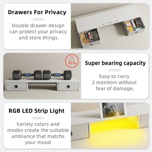 YAOHUOO Dual Monitor Stand with LED Light 2 Drawers, Computer Monitor Riser for 2 Monitors, Large Desktop Organzier with Storage for PC/Laptop/Computer/TV Screen/Printer - Image 3