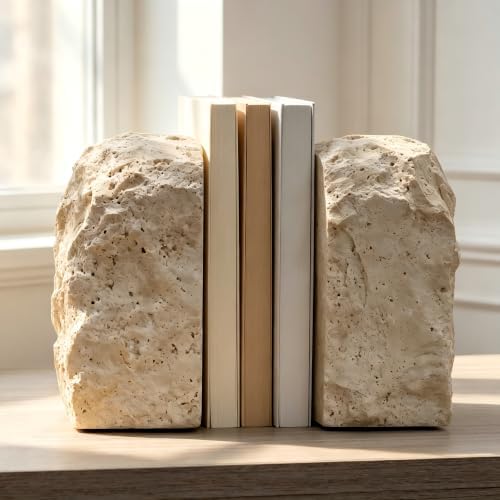 Heavy Duty Travertine Bookends for Heavy Books - 15Lb Decorative Stone Book Ends Set of 2 for Shelves Desk, Natural Organic Modern Book Stoppers for Home Office Coffee Table Cookbooks Bookshelf Decor by Unknown