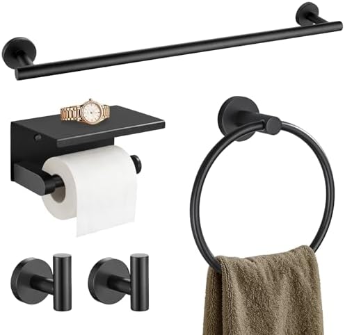 TURS Matte Black 5-Piece Bathroom Hardware Set Towel Bar Set SUS304 Stainless Steel Towel Racks for Bathroom Wall Mounted, 23.6-Inch by TURS