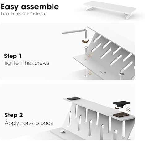 Fenge Monitor Stand Riser, Wooden & Metal Desk Shelf Organizer, White - Image 4