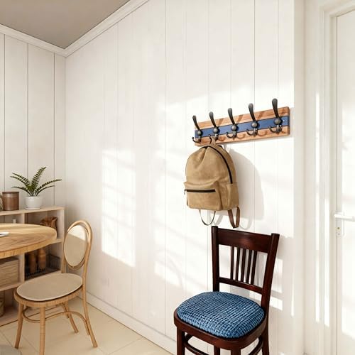 SKOLOO Rustic Wall Mounted Coat Rack - 16-7/8" Long Coat Hooks for Wall with 5 Triple Hooks for Hanging Coats, Hats or Tools, Western National Parks Collection, Wood Brown & Blue - Image 3
