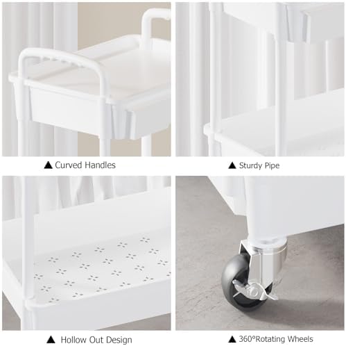 4 Tier Rolling Utility Cart with Drawer, Plastic Storage Organizer Rolling Carts with Wheels Handles Hanging Cups Hooks for Office, Bathroom, Kitchen,Craft Art Room (White) - Image 5