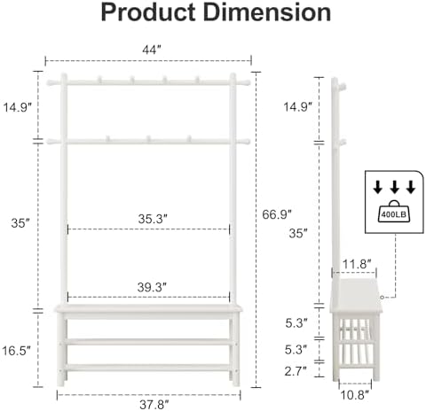AQIMUELE Coat Rack with Shoe Storage, Wooden Hall Tree with Bench, 11 Hooks and 2-Tier Storage Shelves, 3-in-1, Entryway Bench with Coat Rack (39.3"-Deep White) - Image 2