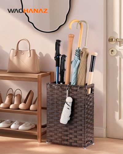 Rattan Umbrella Stand, Umbrella Holder for Entryway, Hand Woven Umbrella Rack Organizer Freestanding, with a Detachable Drip Tray, 4 Hooks, 11.8" L x 5.5" W x 16.5" H - Image 2