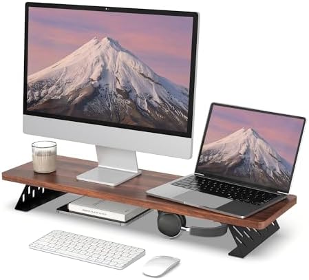 Fenge Monitor Stand Riser, Wooden & Metal Desk Shelf Organizer, Brown by Fenge