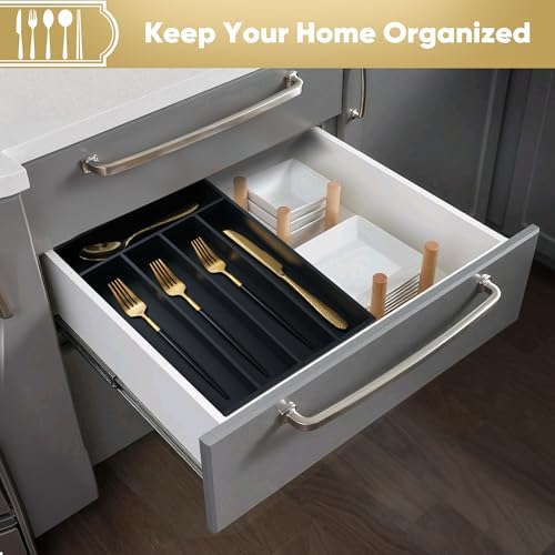 Silverware Organizer, 2 Pack 10 Inch Utensil Organizer Kitchen Drawer Organizer Bamboo Silverware Holder Cutlery Tray Organizer in Drawer Flatware Organizer Tray(5 slots, Black） - Image 5