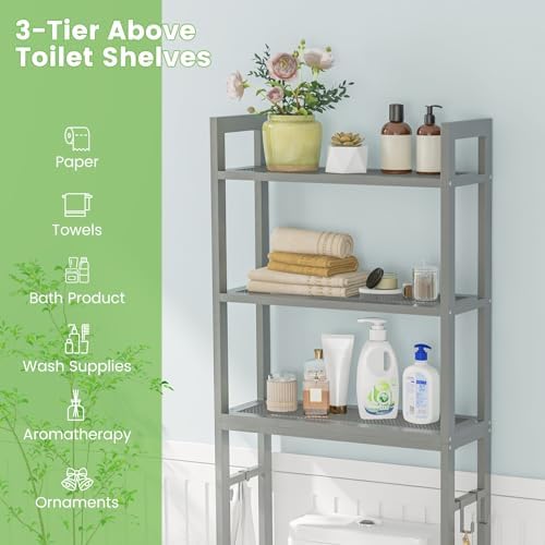 GIANTEX Over The Toilet Storage Shelf, 3-Tier Freestanding Space Saver Above Toilet Shelves with 3 Hooks & Adjustable Bottom Bar, Over Toilet Bathroom Organizer for Restroom, Laundry (Gray) - Image 6