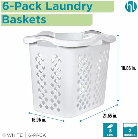Home Logic 2 Bushel Plastic Laundry Basket Lamper, Large Laundry Hamper with Handles, Ventilated Clothes Organizer for Bedroom Bathroom Closet, 6 Pack, White - Image 2