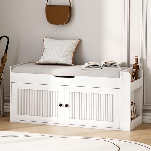 39.4" Storage Bench - Entryway Shoe Bench with Side Storage Shelves and 2 Doors, Multifunctional Entryway Bench with Lift Top Cushion, Shoe Storage Bench for Bedroom, Living Room, White by AboutBrand