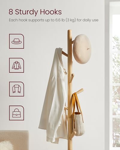 VASAGLE Solid Wood Coat Rack, Free Standing, 8 Hooks, 3 Height Options - Image 3