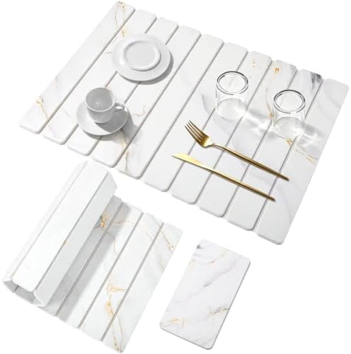 Stone Dish Drying Mat for Kitchen Counter - White Marble 24"×16" & 8"x4" by MAGKOTA
