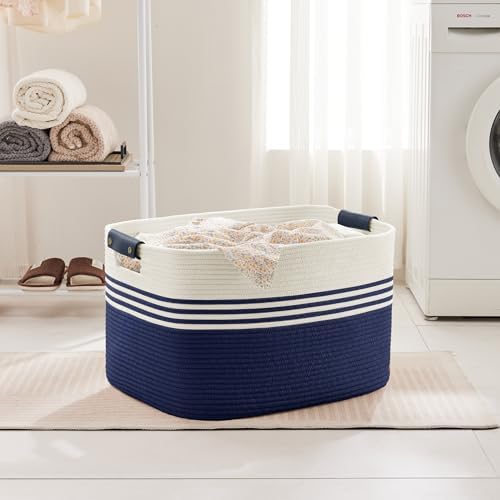 86L Large Woven Laundry Basket Hamper with Leather Handles,Navy - Image 3