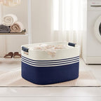 86L Large Woven Laundry Basket Hamper with Leather Handles,Navy - Image 3