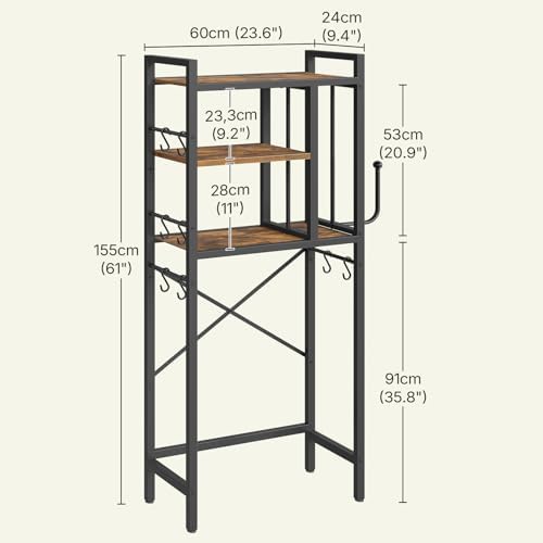 YATINEY Over The Toilet Storage Rack, 3-Tier Bathroom Organizer Shelf, Above Toilet Storage with Paper Holder 8 Hooks, Over The Toilet Storage Cabinet for Bathroom, Rustic Brown and Black TR06BR - Image 3