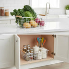 White Metal Wire Food Storage Basket with Wooden Handles for Organizing Snack Basket,Pantry Organizers and Storage for Kitchen Cabinets 4 Pack (Medium) - Image 4