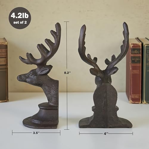 Decorative Bookend Deer Head Antler Book Ends Heavy Duty Cast Iron Vintage Shelf Decor, Antique Brown - Image 6