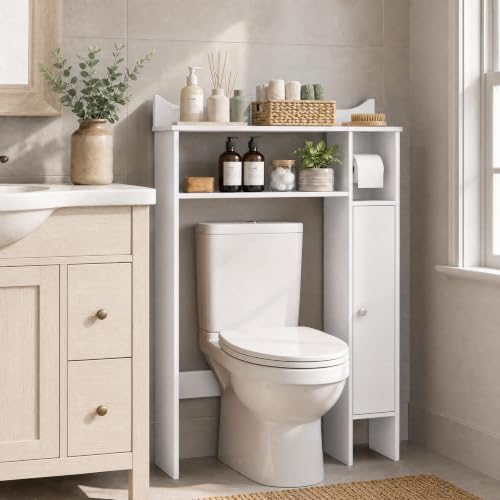 GIANTEX Over-The-Toilet Storage Cabinet, Bathroom Freestanding Space Saver with 1-Door Side Storage Cabinet & Paper Holder, Toilet Rack Organizer Stand for Bathroom Laundry (White) - Image 2