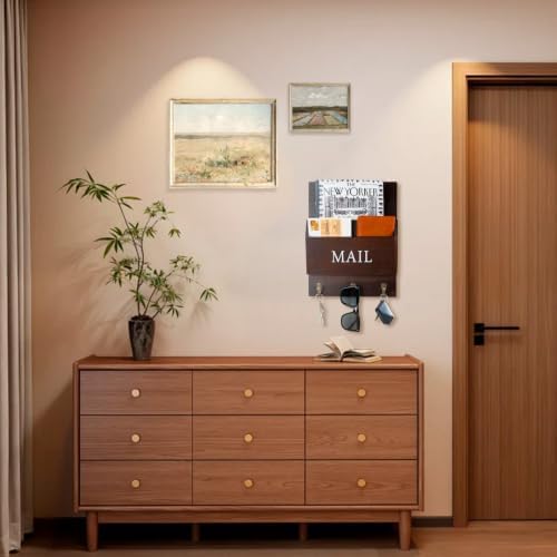 DLQuarts Solid Wood Mail Organizer with Key Holder for Wall, Mail Sorter Wall Mounted, Decorative Wooden Key and Mail Holder with 3 Hooks, Dark Walnut - Image 2