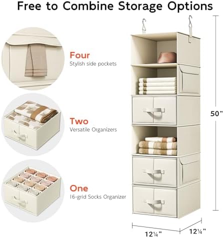 Vailando 6-Shelf Hanging Closet Organizer with 3 Fabric Drawers, Beige - Image 3