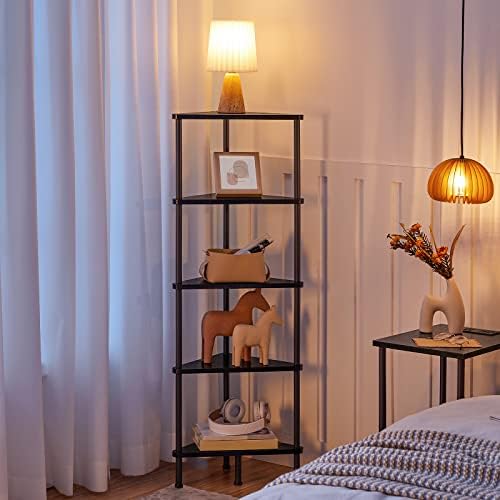 HOOBRO Corner Shelf Stand, Industrial 5-Tier Wall Corner Bookshelf with Metal Frame, Plant Display Shelf, Bookcase for Small Spaces, Bedroom, Living Room, Black BK33CJ01 - Image 4