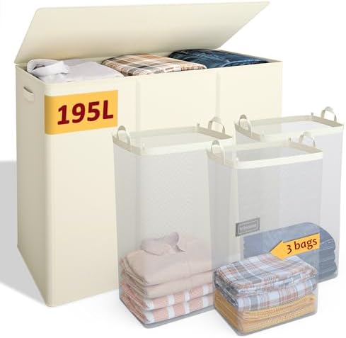 195L Laundry Hamper 3 Section,Large Laundry Hamper with Lid,Dirty Clothes Hamper with 3 Inner Bags,Collapsible Laundry Basket Organizer for Laundry Room,Bedroom,Laundry Sorter Hamper 3 Compartment by Vincona