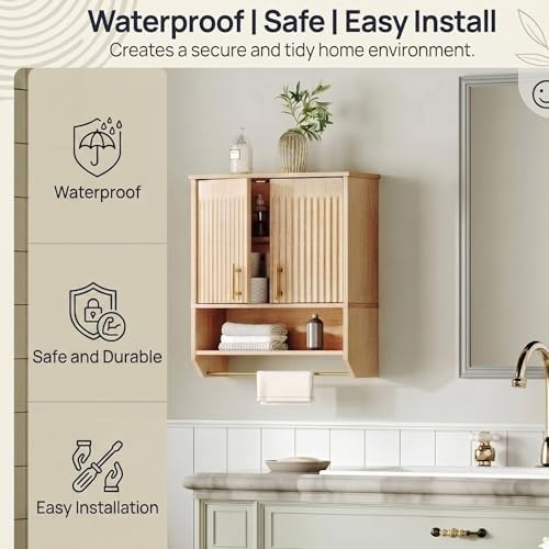 HOOBRO Narrow Bathroom Wall Cabinet with Towel Rack, Space Saving Medicine Cabinet for Small Spaces, Farmhouse Fluted Wall Storage Cabinet with Adjustable Shelf, Natural - Image 4