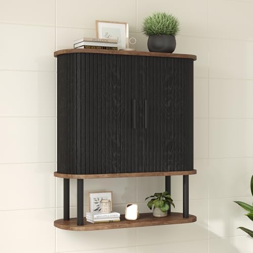 Fluted Bathroom Wall Cabinet with Tambour Sliding Door, Black - Image 3