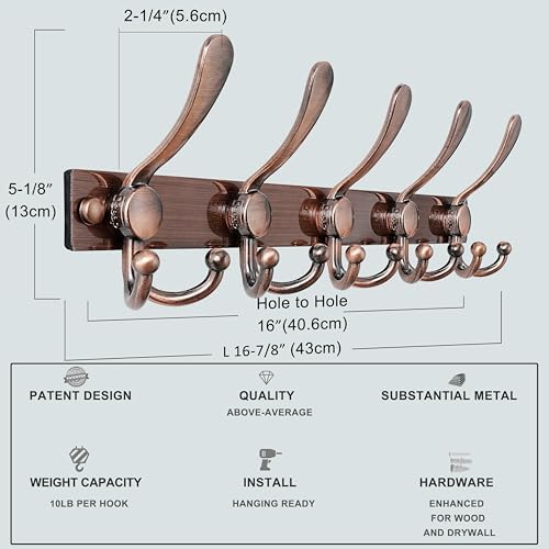 Dseap Coat Rack Wall Mount, Heavy Duty 12-Gauge Base vs Flimsy 1mm, Double-Thick Solid Anti-Snap Hooks, 16” Stud-Mount,Stainless Steel Hanger for Clothes Hat Entryway Closet, Antique Copper,Pack of 2 - Image 3