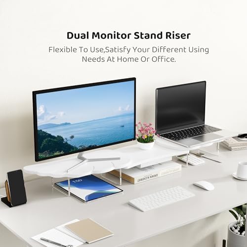 AFOOYO Dual Monitor Stand Riser, Wing-Shaped Sturdy Desktop Wood Stand for 2 Monitors, White Riser for Laptop, PC, Computer - Image 2