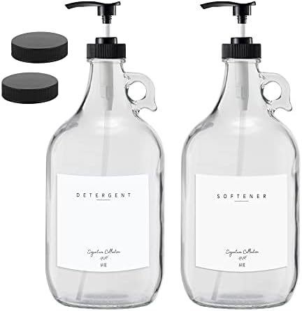 Laundry Detergent Dispenser for Laundry Room - Two Half Gallon Glass Jugs for Fabric Softener Dispenser, Liquid Laundry Soap Dispenser and Bleach - 64 oz. Black Commercial Liquid Pump Dispenser by MEDecor-InnovativeLiving