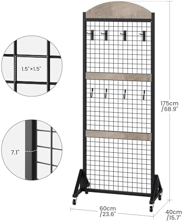 2 Packs Grid Wall Panel 5.7' x 2' FT Grid Display Rack with Wheels, Movable Gridwall Display Stand with 8 S-Shaped Hooks and 8 Garment Hooks, Floorstanding Wire Grid Rack, Greige and Black TCJ17P2BG - Image 3