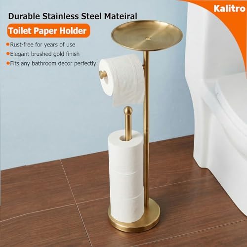Kalitro Toilet Paper Holder Freestanding with Big Shelf, 4 Rolls Reserve Paper Holder Stand, Modern Paper Roll Holder with Storage Space for Phones (Gold) - Image 6