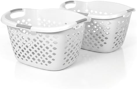 Home Logic 1.75 Bushel Plastic Laundry Basket with Hip Grip, Large Laundry Hamper with Handles, Ventilated Clothes Organizer for Bedroom Bathroom Closet, 2 Pack, White by HomeLogic