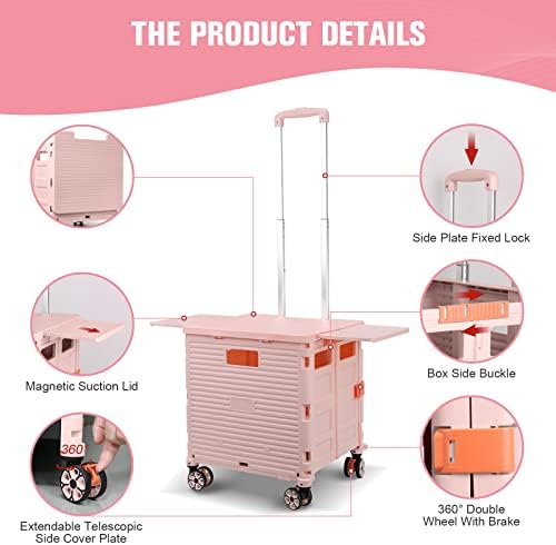 Foldable Utility Cart Folding Portable Rolling Crate with Magnetic Extended Lid,360°Rotate Wheels,176LBS Load Capacity,Heavy Duty Durable Dolly Cart for Teacher Tourist Shopping Office Outdoor - Image 3