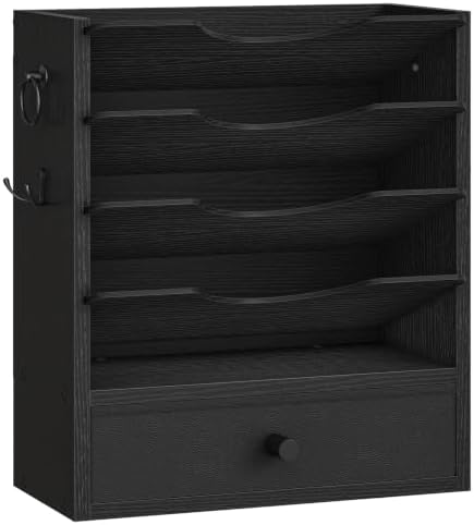 HOOBRO Wall File Organizer, Mail Organizer Wall Mounted, Wooden Literature Organizer, Construction Paper Organizer with Drawer Storage and 2 Hooks, for Office, Classroom, Home, Black BK14WF01 by HOOBRO