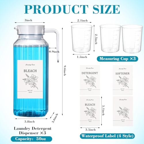 Potchen 3 Pack Laundry Detergent Dispenser Set, Clear Acrylic Liquid Detergent Container with Labels & Measuring Cups, Fabric Softener Dispenser for Laundry Room Organization(50 oz) - Image 2