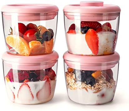 Ankou 400ml Meal Prep Container Set of 4 Pink Tritan Plastic Food Storage Containers with Lids, Airtight Leakproof Pop Top Lid Bowl for Breakfast Leftovers by ANKOU